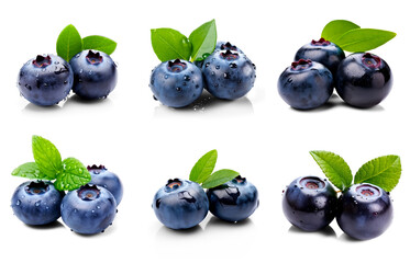 Set of blue berries with leaves isolated on transparent background (Bilberry, Blueberry, Huckleberry)  © fotogurme