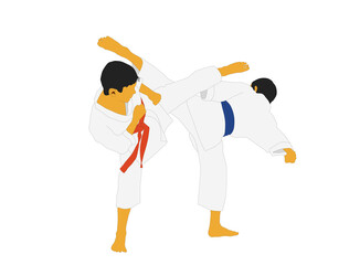 Athletes fight in a kimono and with different belts on the white background