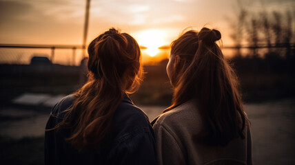 Portrait of two friends seen from behind