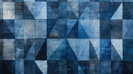 geometric patchwork denim, indigo rusty denim patchwork, wall art pattern, backdrop or wallpaper, generate ai