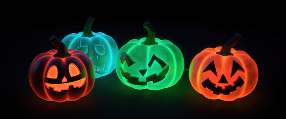 Halloween background. Scary neon pumpkins on black background. Generative Ai.