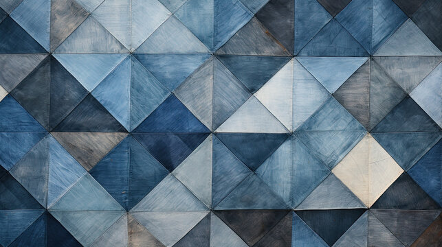 geometric patchwork denim, indigo rusty denim patchwork, wall art pattern, backdrop or wallpaper, generate ai