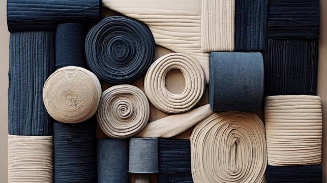 stack of fabric rolls; they are in natural colors: light blue, dark indigo, and navy blue. Generate Ai