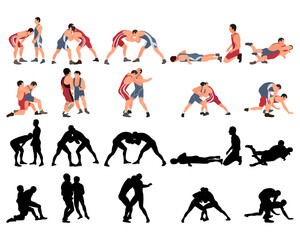 Set of wrestlers silhouettes. Image of greco roman wrestling, martial art, sportsmanship