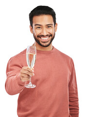 Portrait of man, champagne toast and smile isolated on transparent png background for celebration...