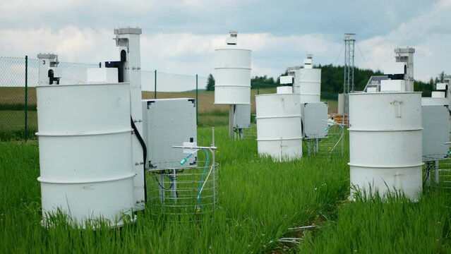 Science station scientific measurement respiration wheat common agriculture field Triticum aestivum soil scientist working technology work earth technological monitoring carbon dioxide oxide oxygen,