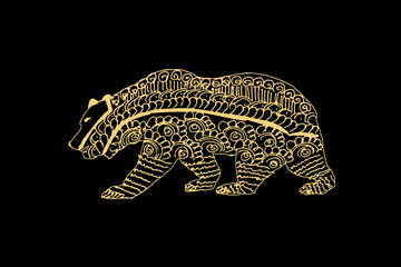 Zentangle art for Bear with gold color isolated on dark black background - vector illustration