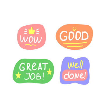 Motivational patches collection. Stickers, badges, prints for kids with quotes, doodles and lettering. Wow, good, great job, well done. Cute cartoon vector. Flat style inspirational illustrations