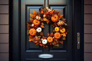 fall autumn wreath oranges and browns on black door