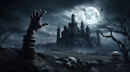 Obraz premium Halloween Background. Zombie arm coming out of the ground in a dark cemetery with scattered skulls against a castle and full moon background. Generative Ai.