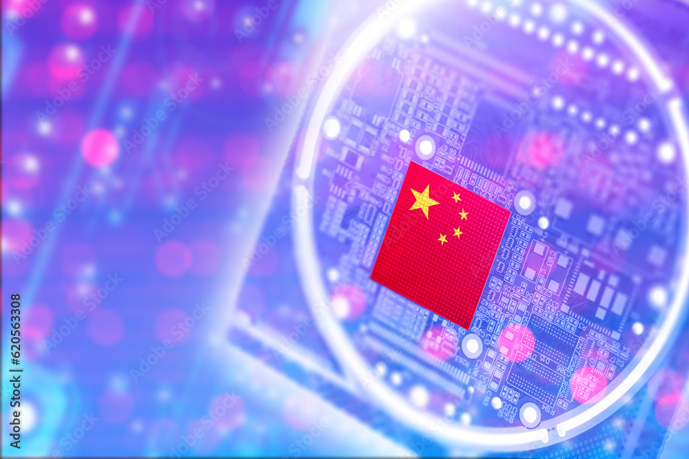 Poster Digital board with China flag. PRC symbol on microprocessors. Manufacture of microelectronics in China. Creation of computer boards. PCB with China logo. Concept of export microprocessors. 3d image