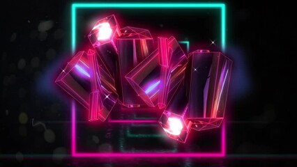 Animation of glowing pink metallic blocks over neon squares on black background
