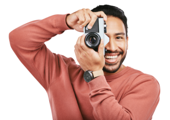 Camera, photographer and portrait of a man with a creative, art or artistic photoshoot production job. Photography, smile and male person taking pictures isolated by a transparent png background.