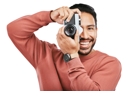 Camera, photographer and portrait of a man with a creative, art or artistic photoshoot production job. Photography, smile and male person taking pictures isolated by a transparent png background. - Powered by Adobe
