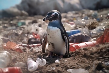 Naklejka premium Crying penguin standing on dirt, in winter without ice, polution, garbage dumb. Generative Ai.