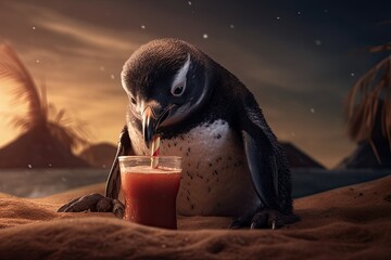 Chilling small pinguin drinking at beach bar cold drink in hot summer. Generative Ai. - obrazy, fototapety, plakaty