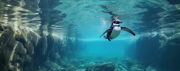 Penguin in clear frozen water under ice of glacier, under water view, panorama. Generative Ai.