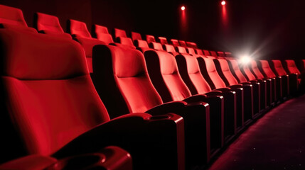 red seats, closeup of row of chairs in a movie theater, white lens flare cinema overhead projector, AI - obrazy, fototapety, plakaty
