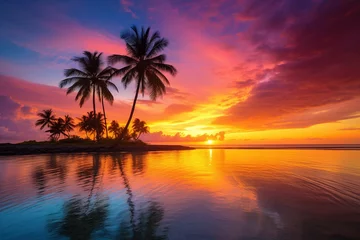 Deurstickers Strand zonsondergang Coconut palm trees on tropical island beach at vivid colorful sunset