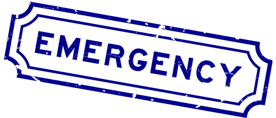 Grunge blue emergency word rubber seal stamp on white background