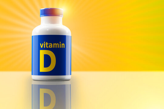 Vitamins D3. White bottle for pills. Vitamins D3 on yellow. Healthy fish oil supplements. Concept vitamin D for lack of sunlight. Active ingredient is cholecalciferol. Immunity, health care. 3d image