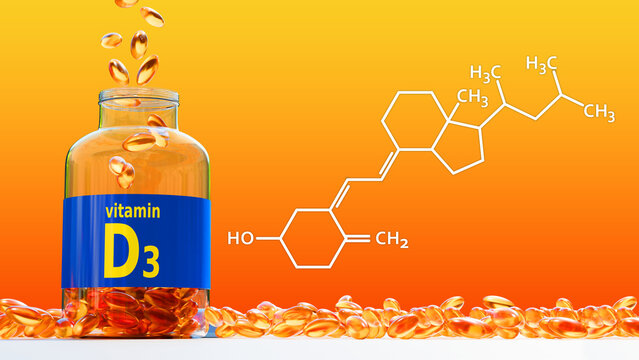 Vitamin D3 formula. Transparent jar for medication. Cholecalciferol drug. Omega 3 vitamins supplement on yellow. Golden capsules D3. Scientific formula fish oil. Vitamins for patient. 3d image
