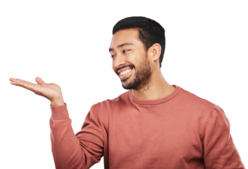 Hand holding, smile and asian man with review or announcement on isolated, transparent or png background. Face, happy and excited guy person with palm sign for news, sale or product placement deal