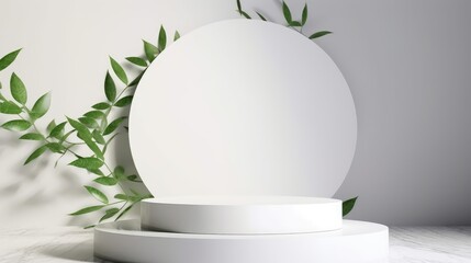WHITE ROUND PODIUM, Pedestal, item display base, Mockup, Mock-up, Template. Stage for product display such as beauty care, cosmetics, jewellery, fashion, luxury, hygiene, health. Generative AI