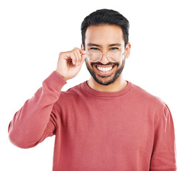 Portrait, smile and asian man with glasses or happy in png or isolated and transparent background....