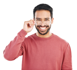 Portrait, smile and asian man with glasses or happy in png or isolated and transparent background. Fashion, nerd and happy with guy or casual with style or happiness with eyewear is positive.