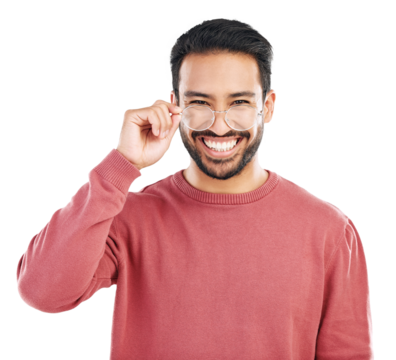 Portrait, smile and asian man with glasses or happy in png or isolated and transparent background. Fashion, nerd and happy with guy or casual with style or happiness with eyewear is positive.