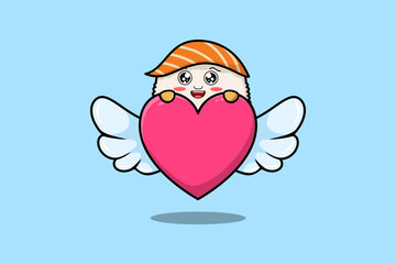 Cute cartoon Sushi character holding big red heart in modern style design illustration