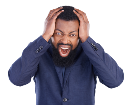 Stress, angry black man and frustrated with scream, chaos and business crisis on transparent png background. Bad news, professional problem and crazy male person, aggressive yelling and hands on head