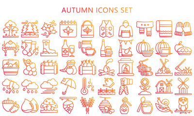 autumn gradient outline icons pack. contain acorns, pumpkins, apples, cornucopias, tea, sweaters, bonfires, umbrella and more. use for modern concept, UI or UX kit, web and app. vector EPS 10. 