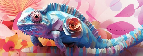 Obraz premium Chameleon with leaves in nature, pastel colors, panorama. Generative Ai.