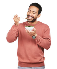 Health, salad and man with food for diet on isolated, png and transparent background for wellness....