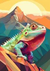 Chameleon changing colors at the top of mountains, sunset light, pastel colors. Generative Ai.