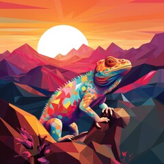 Chameleon changing colors at the top of mountains, sunset light, pastel colors. Generative Ai.