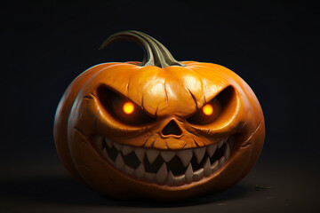 Spooky pumpkin on dark background. Close up view of scary Halloween pumpkin with eyes glowing inside and a sharp-toothed grin. Generative Ai.