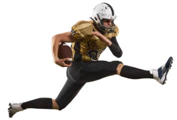 Fotobehang Dynamic image of young man, professional american football player in uniform running with ball isolated on transparent background. Professional sport, competition, hobby, action, concentration concept © master1305