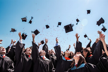 Students throwing graduation hats in the air celebrating. education concept with students celebrate success with hats and certificates - obrazy, fototapety, plakaty