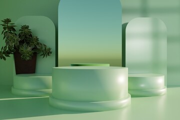 Podium in tropical forest for product presentation and green background. 3d rendering