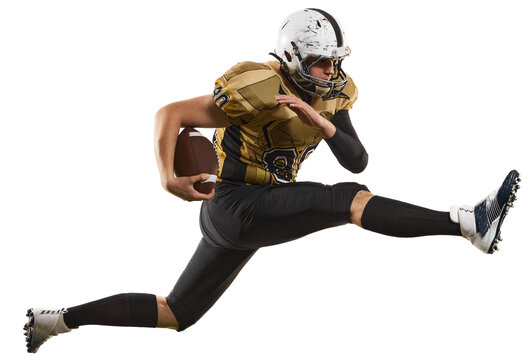 Dynamic image of young man, professional american football player in uniform running with ball isolated on transparent background. Professional sport, competition, hobby, action, concentration concept