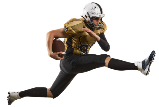 Dynamic image of young man, professional american football player in uniform running with ball isolated on transparent background. Professional sport, competition, hobby, action, concentration concept