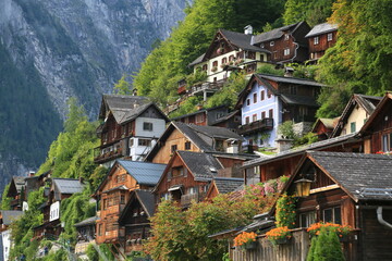 Fototapeta na wymiar A small town with mountains in the background, Austria