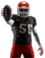 Young man, professional american football player standing with ball isolated on transparent...