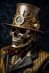 Steampunk Skeletons. Generative AI.
A digital rendering of a skeleton in steampunk clothes and gadgets.
