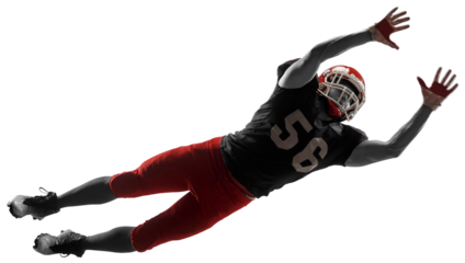 Dynamic image of young man, professional american football playing in motion, catching ball in jump isolated on transparent background. Concept of professional sport, competition, hobby, action