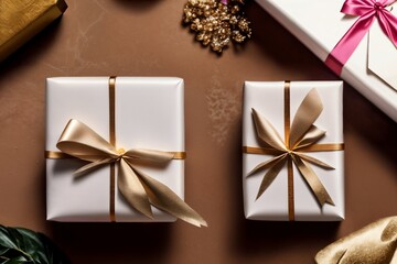 Gift or present box and flower gypsophila on table top view. Greeting card. Flat lay style with copy space.
