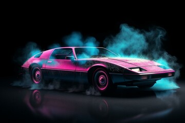 Illustration of a retro future car with blue and pink smoke on a black background. Generative AI